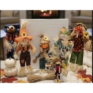 Adorable Lot of 7 Fall Harvest Scarecrow Decorations w/Broom - 6" to 20"